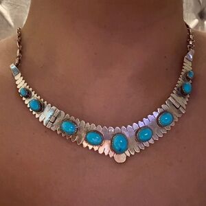 Vintage Sterling Sleeping Beauty Turquoise Necklace Signed SC Navajo 16.5” 31.5g